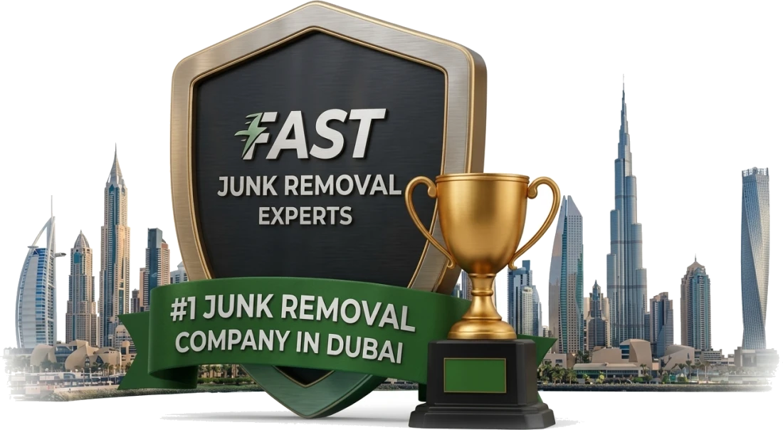 Award shield reading number one junk removal company in Dubai, with a trophy